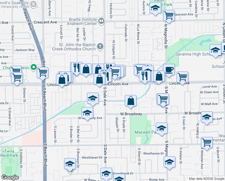 map of restaurants, bars, coffee shops, grocery stores, and more near 2770 Lincoln Avenue in Anaheim