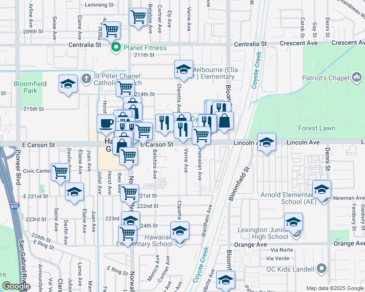 map of restaurants, bars, coffee shops, grocery stores, and more near 12360 East Carson Street in Hawaiian Gardens
