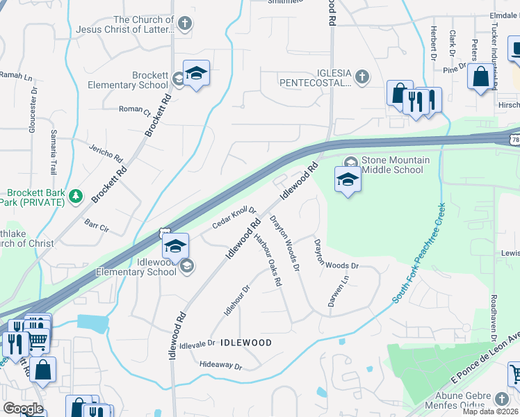 map of restaurants, bars, coffee shops, grocery stores, and more near 1684 Drayton Woods Drive in Tucker