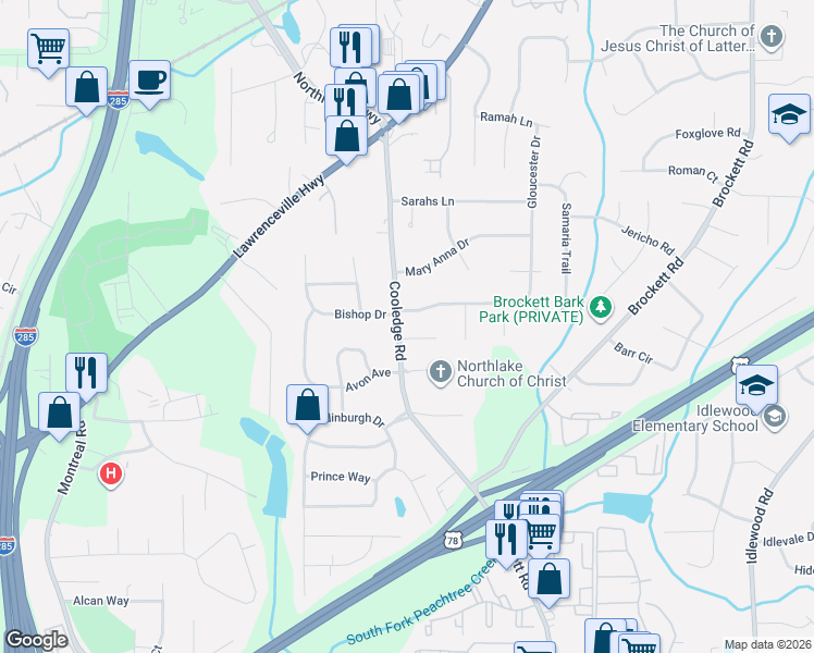 map of restaurants, bars, coffee shops, grocery stores, and more near 1685 Cooledge Road in Tucker