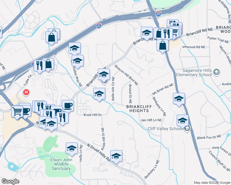 map of restaurants, bars, coffee shops, grocery stores, and more near 1688 Bridgeport Drive Northeast in Atlanta
