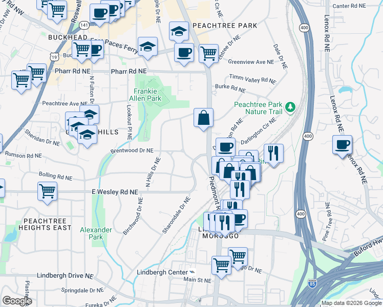 map of restaurants, bars, coffee shops, grocery stores, and more near 573 East Wesley Road Northeast in Atlanta
