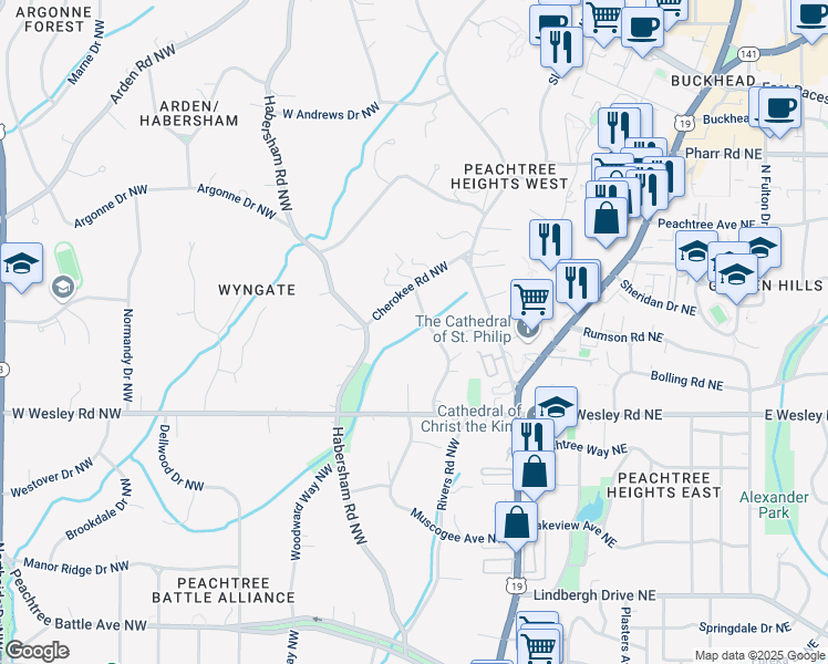 map of restaurants, bars, coffee shops, grocery stores, and more near 2820 Vernon Road Northwest in Atlanta