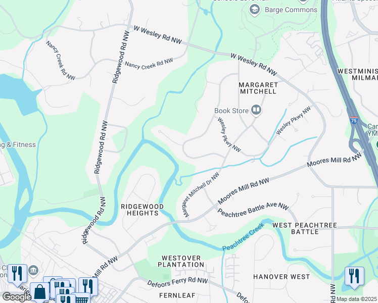 map of restaurants, bars, coffee shops, grocery stores, and more near 2729 Ridge Valley Road Northwest in Atlanta