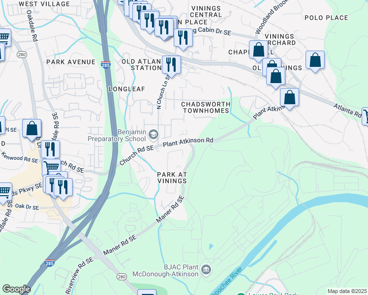 map of restaurants, bars, coffee shops, grocery stores, and more near 5002 Bright Hampton Drive Southeast in Smyrna