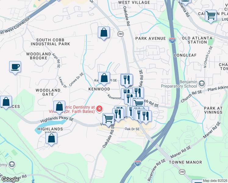 map of restaurants, bars, coffee shops, grocery stores, and more near 2037 Kenwood Road Southeast in Smyrna