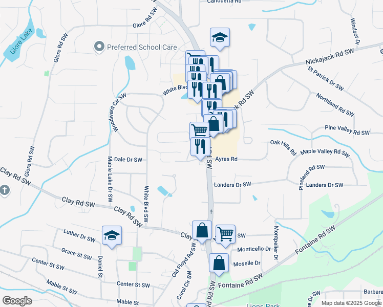 map of restaurants, bars, coffee shops, grocery stores, and more near 895 Patterns Drive in Mableton