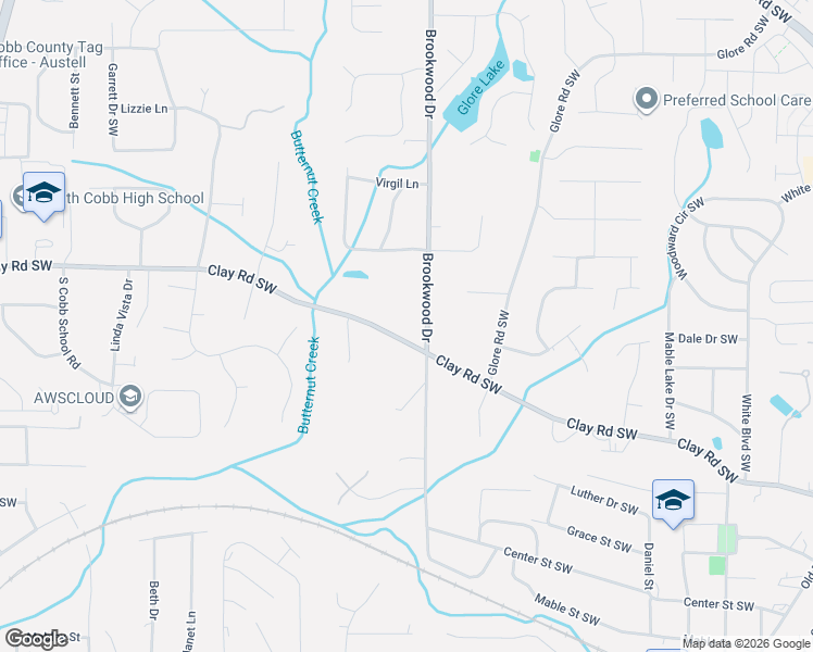 map of restaurants, bars, coffee shops, grocery stores, and more near 5040 Brookwood Drive in Mableton