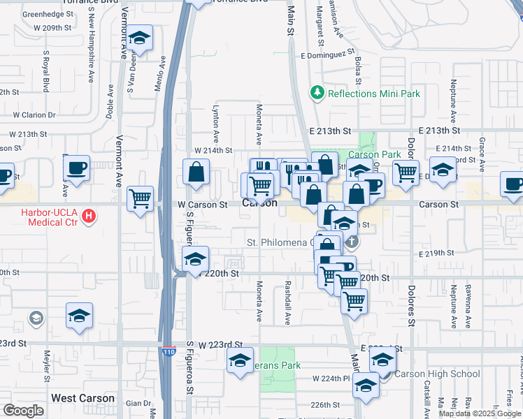 map of restaurants, bars, coffee shops, grocery stores, and more near 248 West Carson Street in Carson