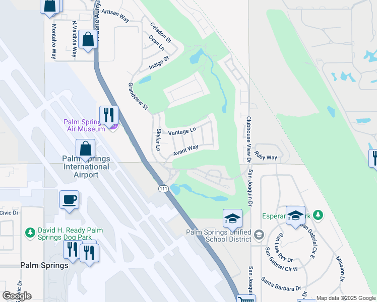 map of restaurants, bars, coffee shops, grocery stores, and more near 4402 Avant Way in Palm Springs