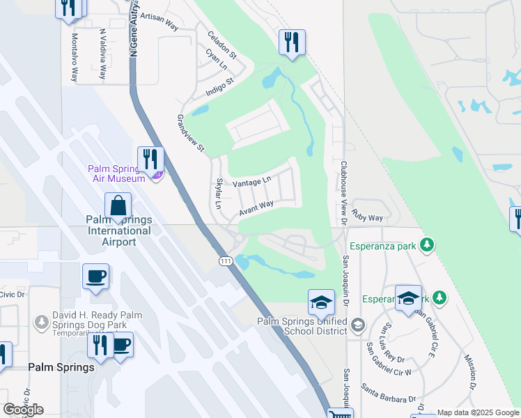 map of restaurants, bars, coffee shops, grocery stores, and more near 4402 Avant Way in Palm Springs