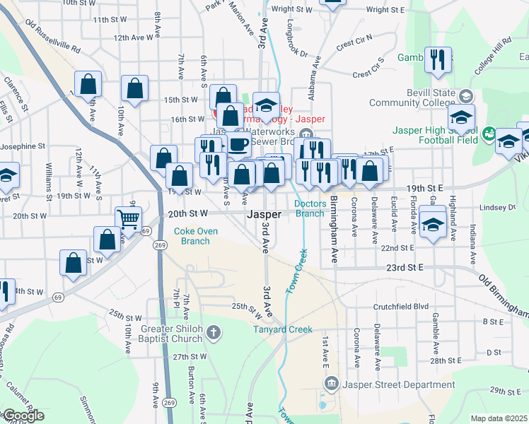 map of restaurants, bars, coffee shops, grocery stores, and more near 1800 3rd Avenue in Jasper