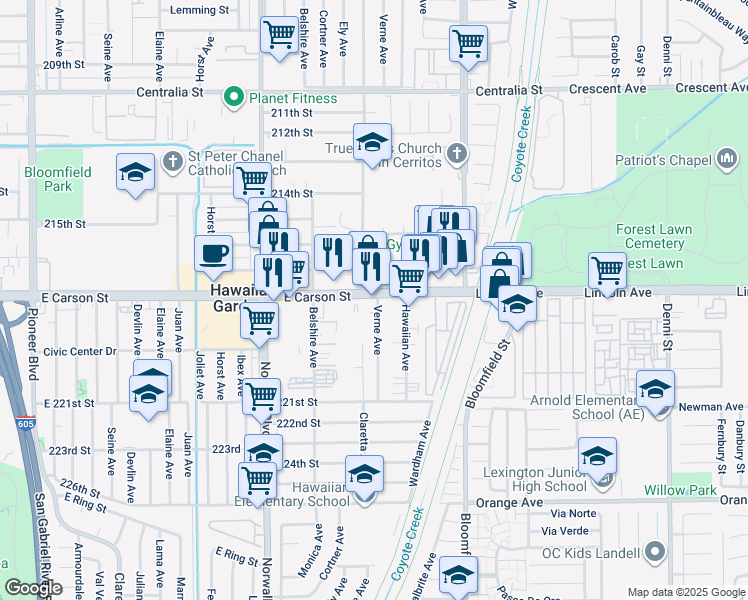 map of restaurants, bars, coffee shops, grocery stores, and more near 12434 East Carson Street in Hawaiian Gardens