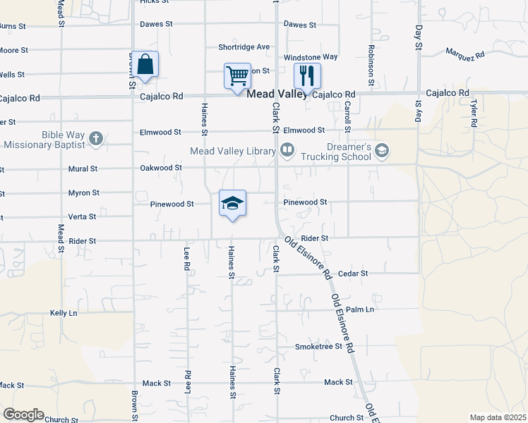 map of restaurants, bars, coffee shops, grocery stores, and more near 19924 Clark Street in Perris