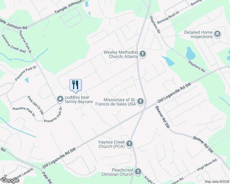map of restaurants, bars, coffee shops, grocery stores, and more near 3827 Rosebud Road in Loganville