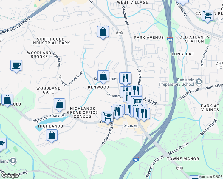 map of restaurants, bars, coffee shops, grocery stores, and more near 2037 Kenwood Road Southeast in Smyrna