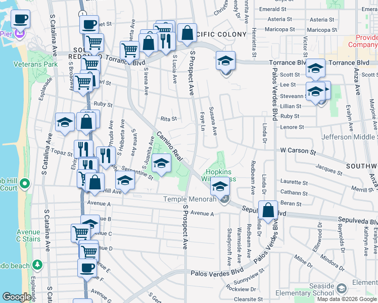 map of restaurants, bars, coffee shops, grocery stores, and more near 641 South Prospect Avenue in Redondo Beach