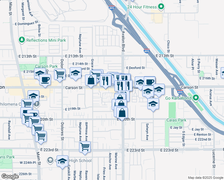 map of restaurants, bars, coffee shops, grocery stores, and more near 21703 North Avalon Boulevard in Carson