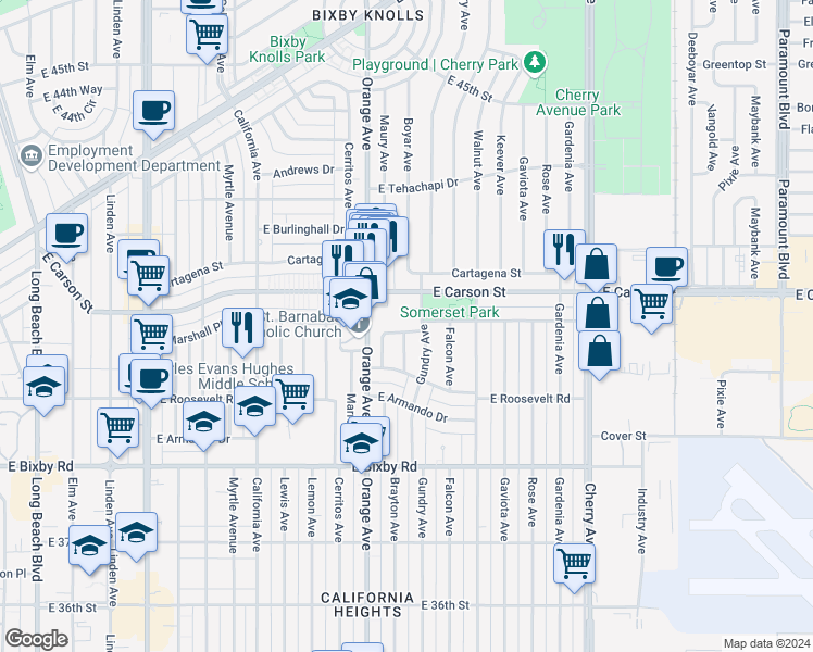 map of restaurants, bars, coffee shops, grocery stores, and more near 1301 East Marshall Place in Long Beach