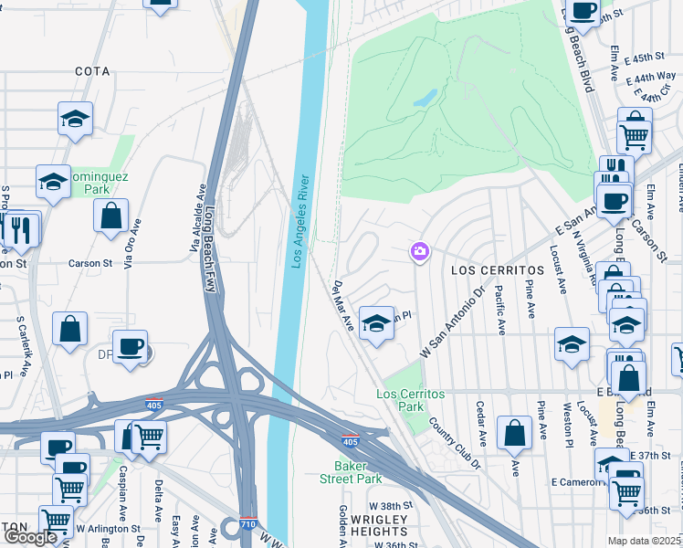 map of restaurants, bars, coffee shops, grocery stores, and more near 4198 Del Mar Avenue in Long Beach