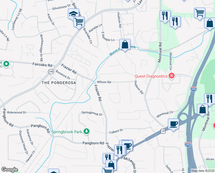 map of restaurants, bars, coffee shops, grocery stores, and more near 1535 Moncrief Circle in Decatur