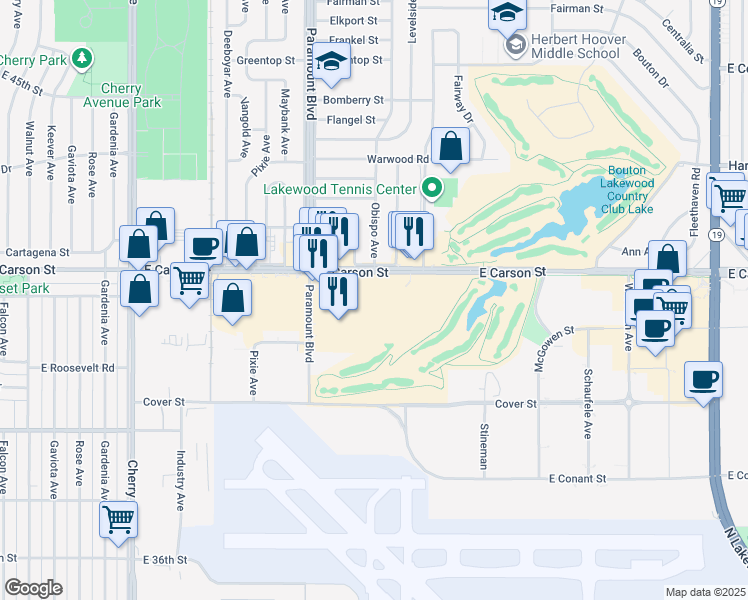 map of restaurants, bars, coffee shops, grocery stores, and more near 4001 Watson Plaza Drive in Lakewood