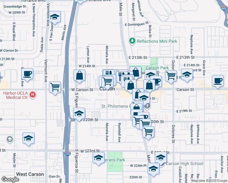 map of restaurants, bars, coffee shops, grocery stores, and more near 228 West Carson Street in Carson