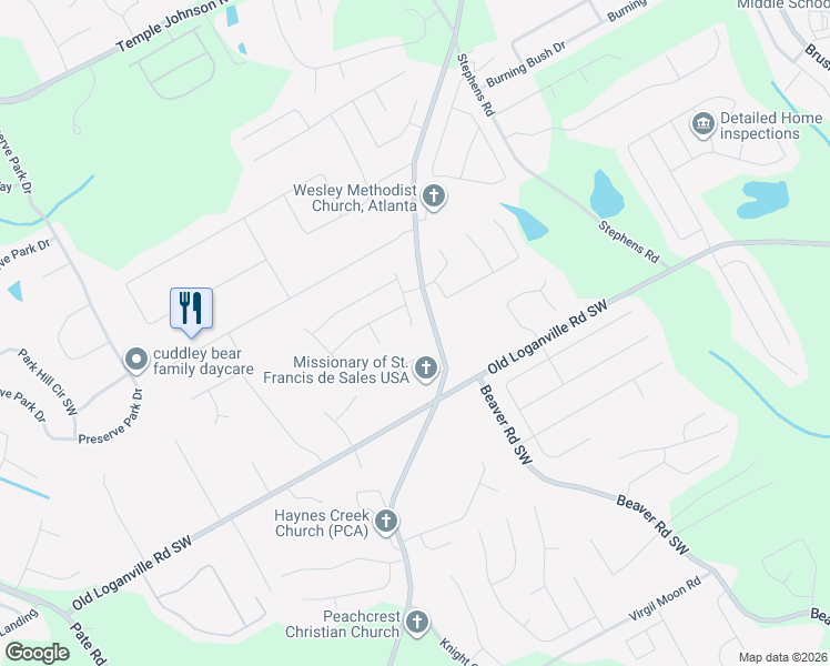 map of restaurants, bars, coffee shops, grocery stores, and more near 3887 Rosebud Road in Loganville