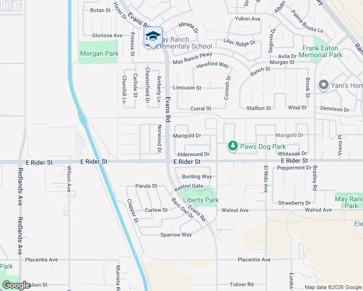 map of restaurants, bars, coffee shops, grocery stores, and more near 3272 Mariposa Way in Perris