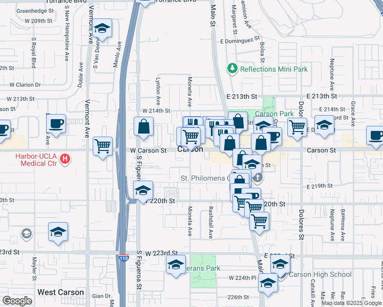 map of restaurants, bars, coffee shops, grocery stores, and more near 248 West Carson Street in Carson