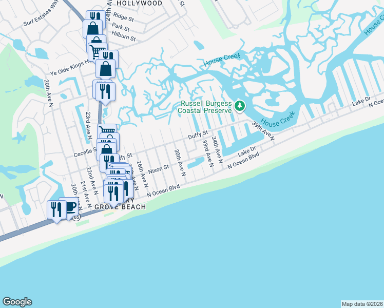 map of restaurants, bars, coffee shops, grocery stores, and more near 3009 Nixon Street in North Myrtle Beach