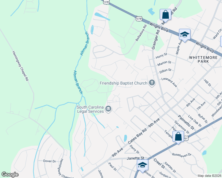 map of restaurants, bars, coffee shops, grocery stores, and more near 1300 Creel Street in Conway