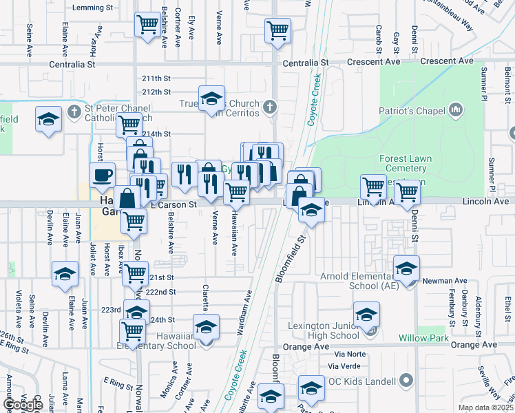 map of restaurants, bars, coffee shops, grocery stores, and more near 12550 East Carson Street in Hawaiian Gardens