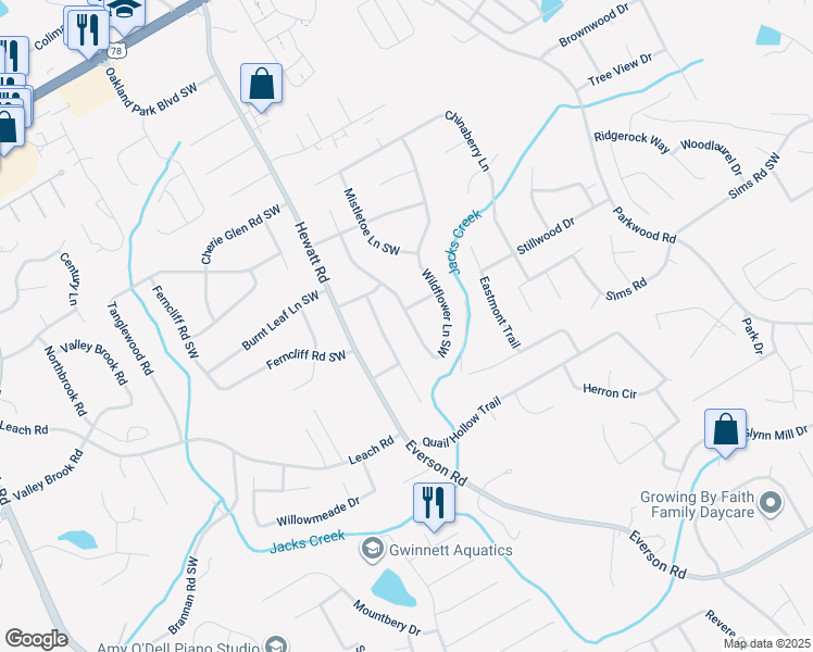 map of restaurants, bars, coffee shops, grocery stores, and more near 2635 Wildflower Lane Southwest in Snellville