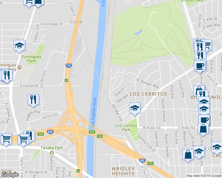 map of restaurants, bars, coffee shops, grocery stores, and more near 4198 Del Mar Avenue in Long Beach