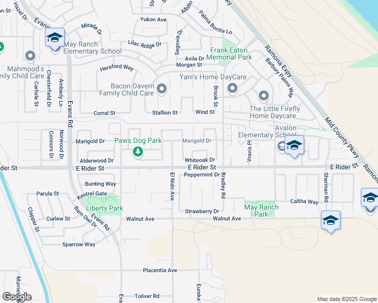 map of restaurants, bars, coffee shops, grocery stores, and more near 3260 Ivy Way in Perris