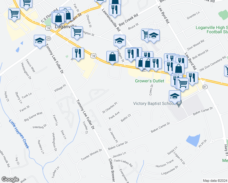 map of restaurants, bars, coffee shops, grocery stores, and more near 1255 Saint James Place in Loganville