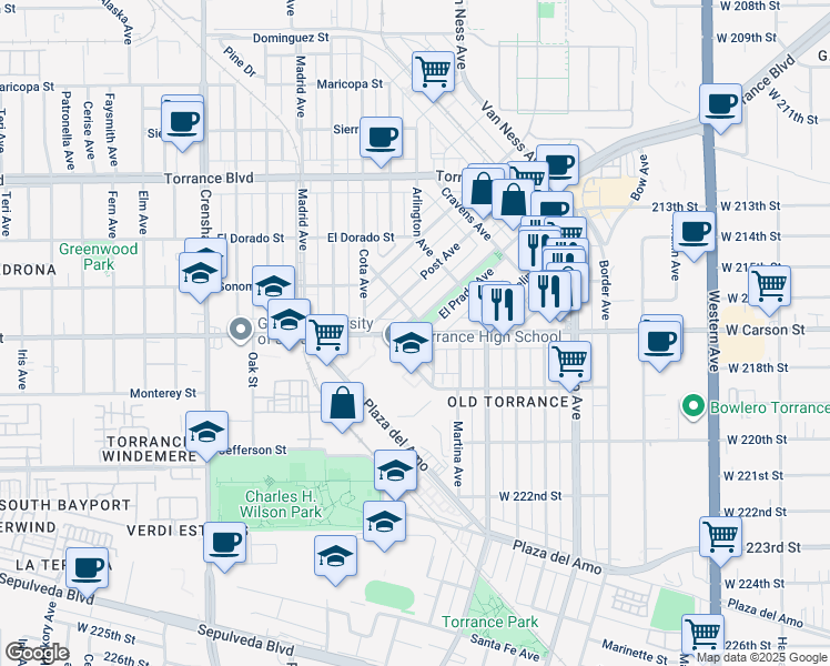 map of restaurants, bars, coffee shops, grocery stores, and more near West Carson Street in Torrance