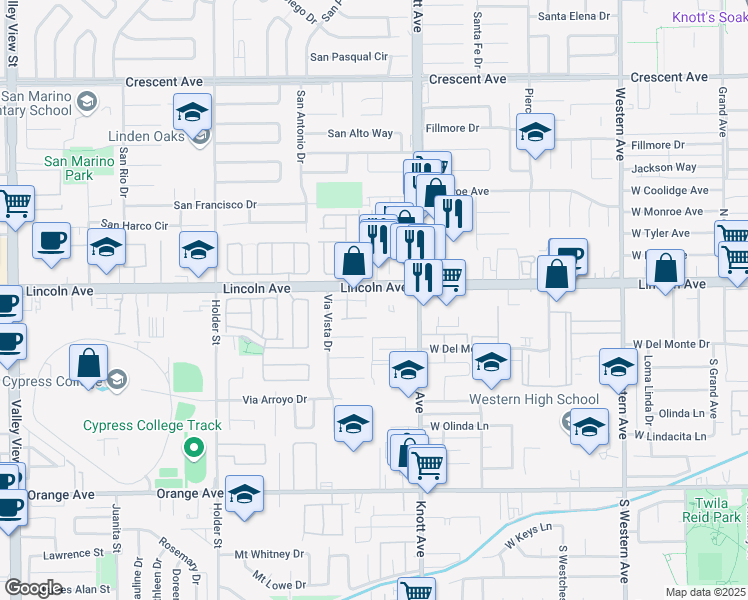 map of restaurants, bars, coffee shops, grocery stores, and more near 6888 Lincoln Avenue in Buena Park