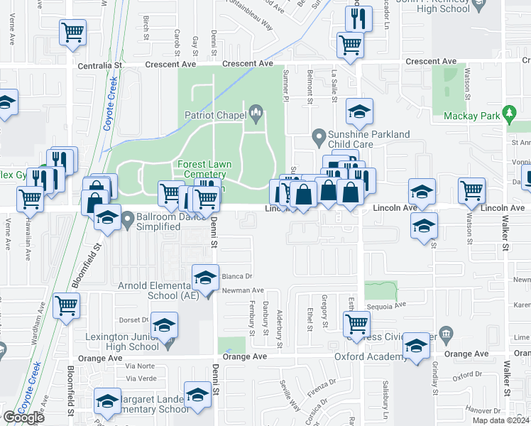 map of restaurants, bars, coffee shops, grocery stores, and more near 4656 Lincoln Avenue in Cypress