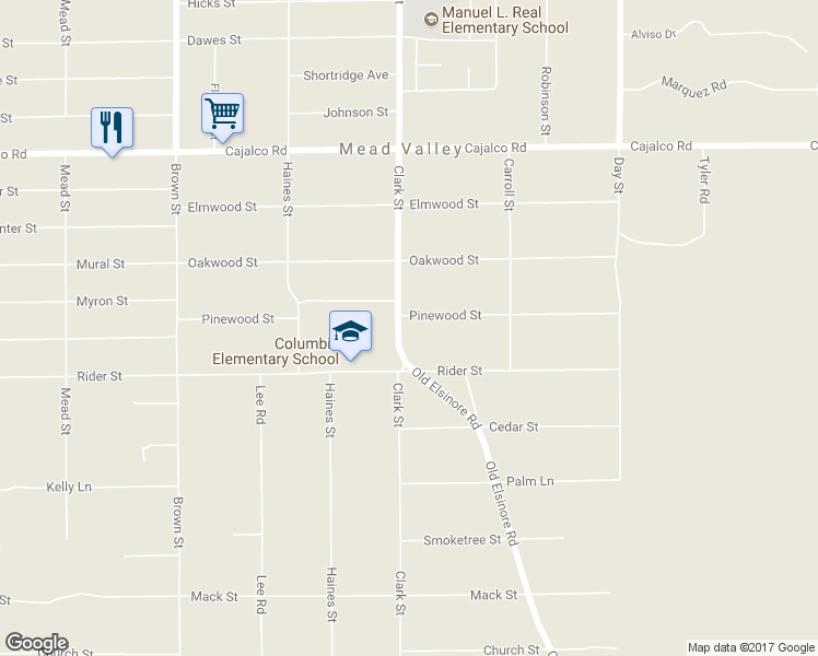 map of restaurants, bars, coffee shops, grocery stores, and more near 19924 Clark Street in Perris