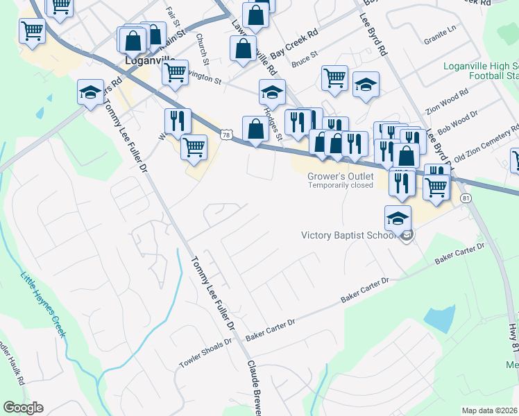map of restaurants, bars, coffee shops, grocery stores, and more near 1255 Saint James Place in Loganville