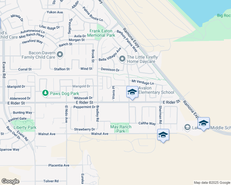 map of restaurants, bars, coffee shops, grocery stores, and more near 1722 East Rider Street in Perris