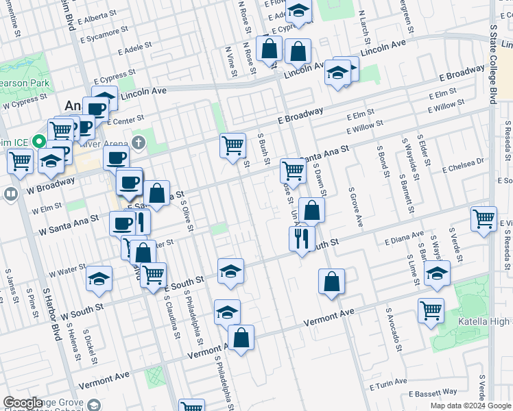 map of restaurants, bars, coffee shops, grocery stores, and more near 553 South Atchison Street in Anaheim