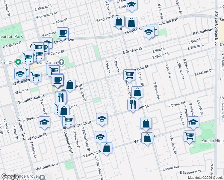 map of restaurants, bars, coffee shops, grocery stores, and more near 553 South Atchison Street in Anaheim