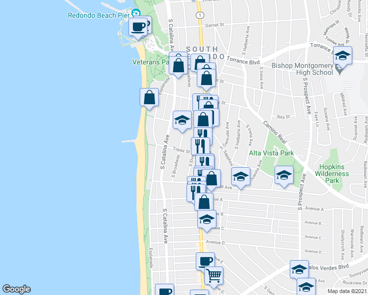 map of restaurants, bars, coffee shops, grocery stores, and more near 702 South Broadway in Redondo Beach