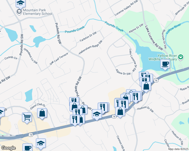 map of restaurants, bars, coffee shops, grocery stores, and more near 4882 Valley Dale Court Southwest in Lilburn