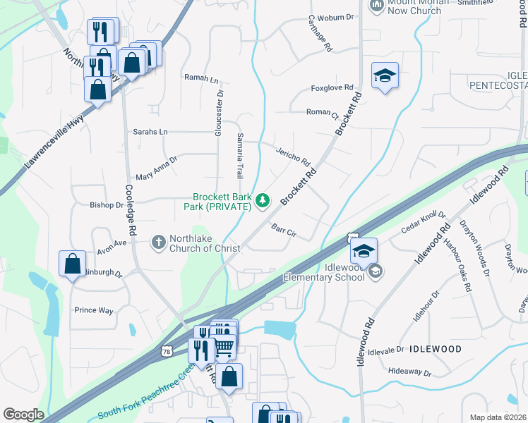 map of restaurants, bars, coffee shops, grocery stores, and more near 1632 Brockett Road in Tucker