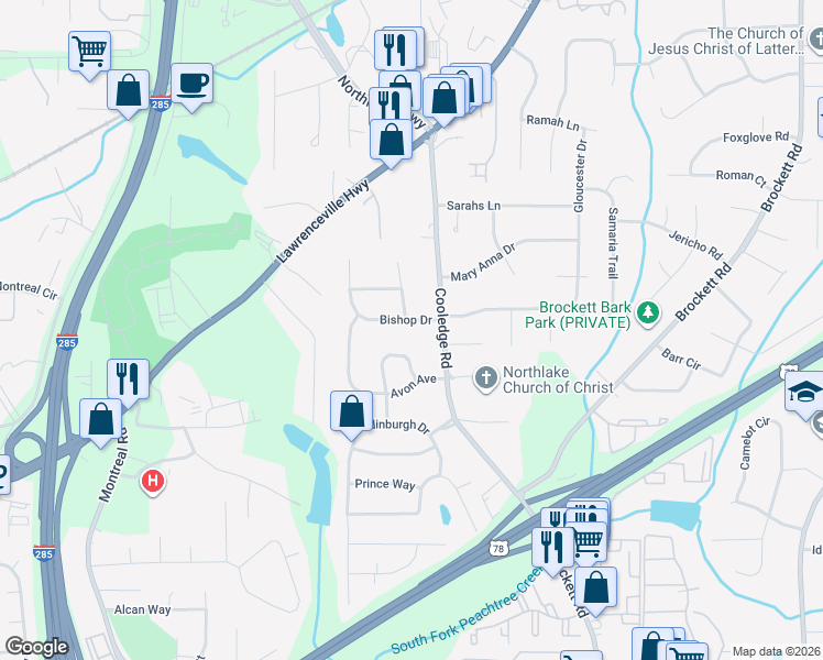 map of restaurants, bars, coffee shops, grocery stores, and more near 1690 Cody Circle in Tucker