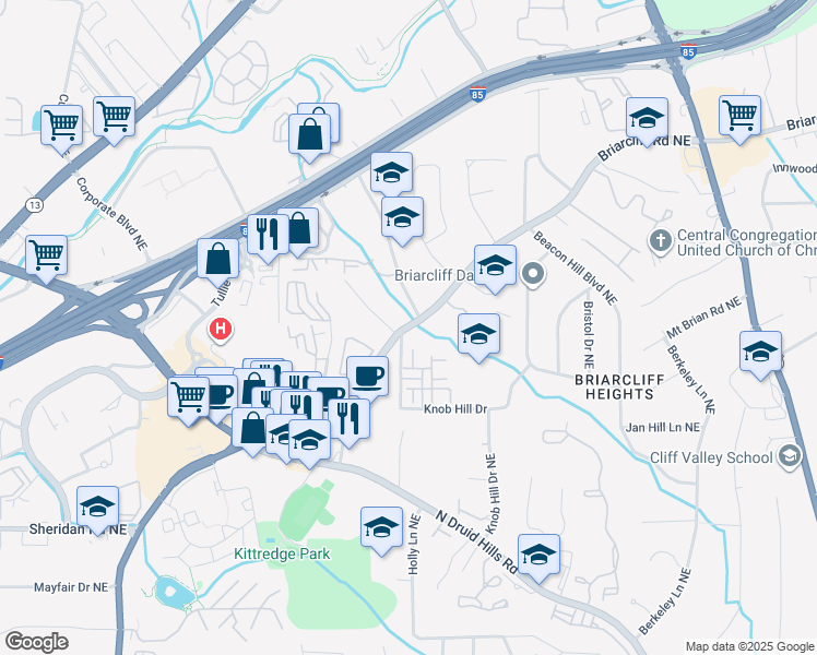 map of restaurants, bars, coffee shops, grocery stores, and more near in North Druid Hills